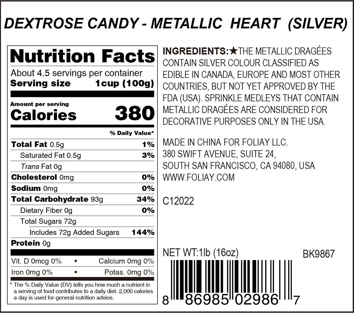 Metallic Silver Heart Candy Sprinkles